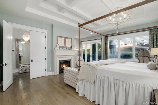 Bedroom, Chandelier, Fireplace, Interior, Pendant Lights, Recessed Lighting, Wood Texture Flooring