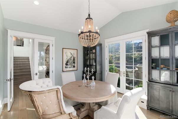 Chandelier, Dining room, Interior, Recessed Lighting, Wood Texture Flooring