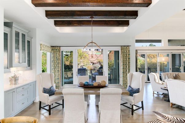 Chandelier, Dining room, Interior, Living room, Pendant Lights, Wooden Beams, Wood Texture Flooring