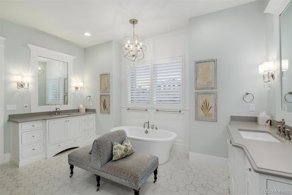 Bathroom, Chandelier, Dual Sink Vanities, Free Standing Baths, Interior, Pendant Lights, Recessed Lighting