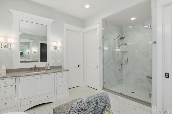 Bathroom, Glass Shower, Interior, Marble Walls, Recessed Lighting