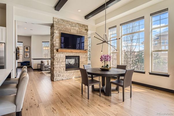 Dining room, Fireplace, Interior, Pendant Lights, Recessed Lighting, Stone Walls, Wooden Beams, Wood Texture Flooring