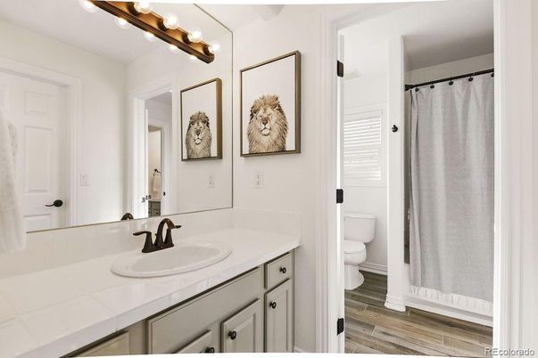 Bathroom, Interior, Tile Countertops, Wood Texture Flooring