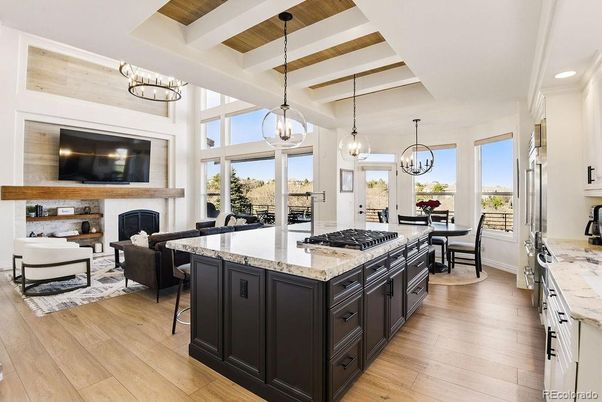Chandelier, Dining room, Fireplace, Interior, Kitchen, Living room, Pendant Lights, Recessed Lighting, Wood Texture Flooring