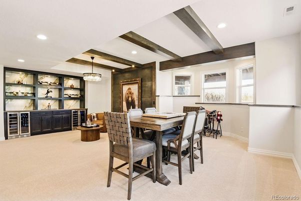 Chandelier, Dining room, Interior, Recessed Lighting, Wooden Beams