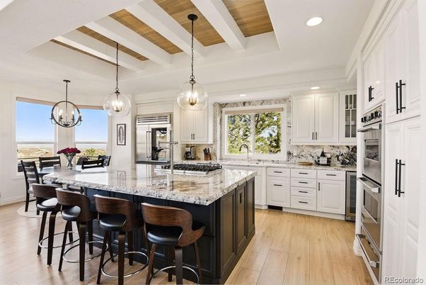 Dining room, Interior, Kitchen, Pendant Lights, Recessed Lighting, Stainless Steel Appliances, Wooden Ceilings, Wood Texture Flooring