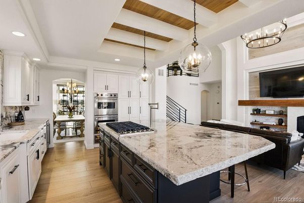 Chandelier, Interior, Kitchen, Pendant Lights, Recessed Lighting, Stainless Steel Appliances, Wood Texture Flooring
