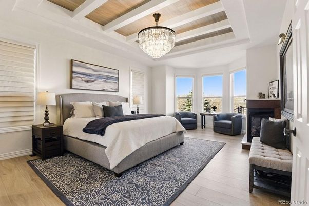 Bedroom, Chandelier, Fireplace, Interior, Wooden Ceilings, Wood Texture Flooring