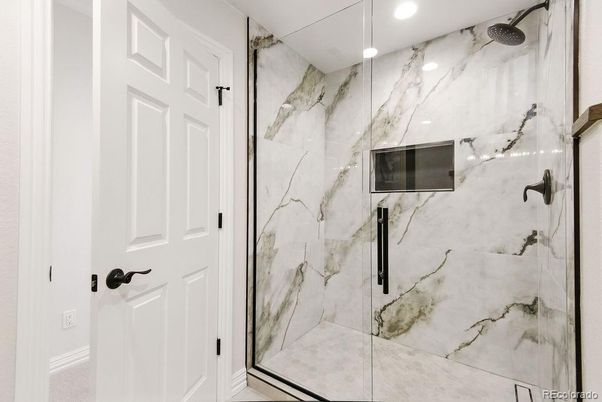 Bathroom, Glass Shower, Interior, Marble Walls, Recessed Lighting