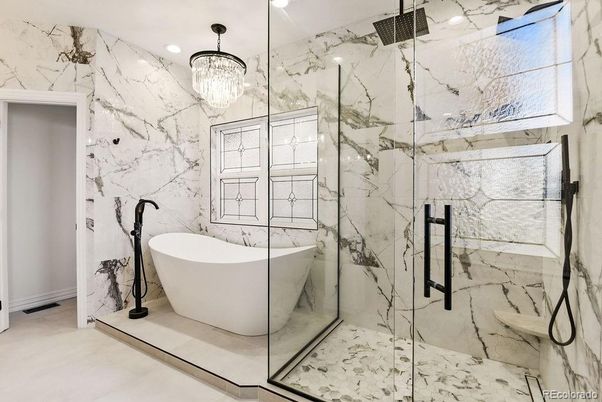 Bathroom, Chandelier, Free Standing Baths, Glass Shower, Interior, Marble Walls, Recessed Lighting