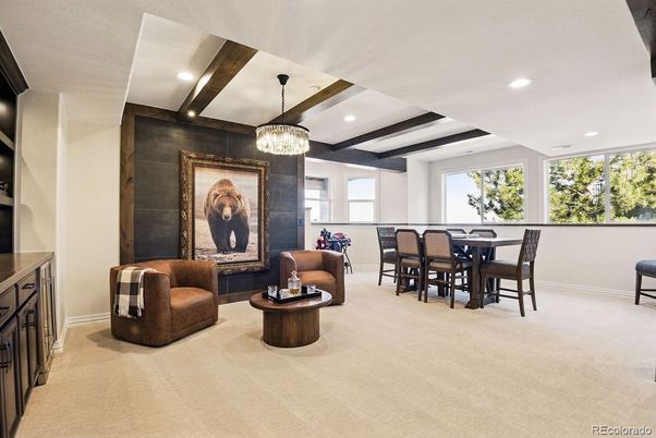 Chandelier, Dining room, Interior, Recessed Lighting, Wooden Beams