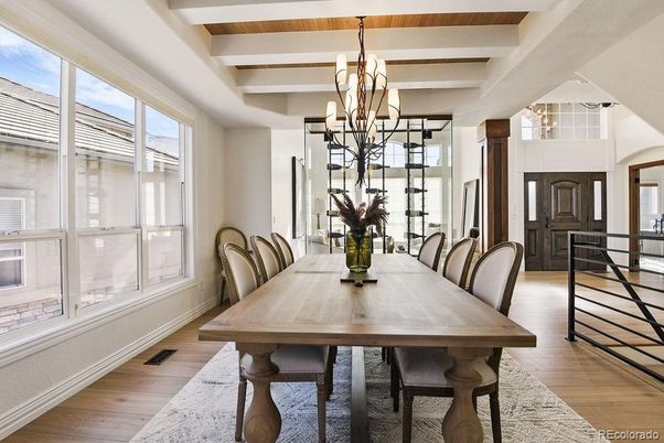 Chandelier, Dining room, Interior, Wood Texture Flooring