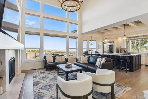 Fireplace, Interior, Kitchen, Living room, Pendant Lights, Wood Texture Flooring