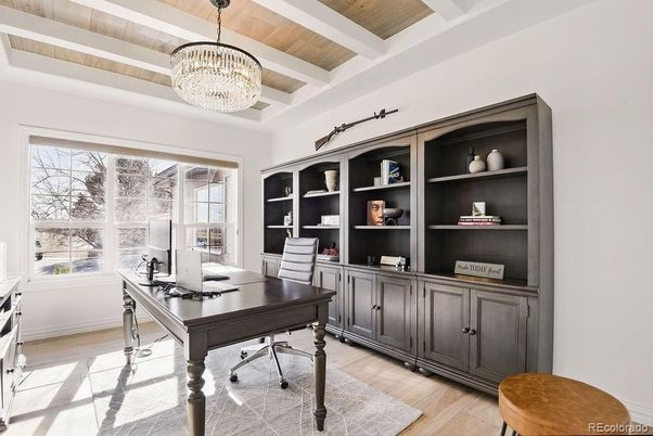 Chandelier, Home Office, Interior, Wooden Ceilings, Wood Texture Flooring