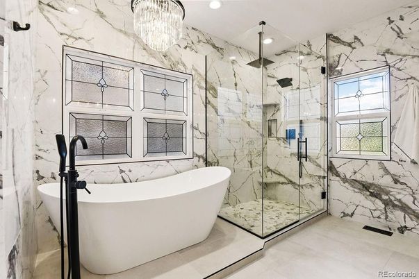 Bathroom, Free Standing Baths, Glass Shower, Interior, Marble Walls, Recessed Lighting