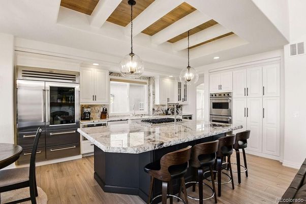 Interior, Kitchen, Pendant Lights, Recessed Lighting, Stainless Steel Appliances, Wooden Ceilings, Wood Texture Flooring