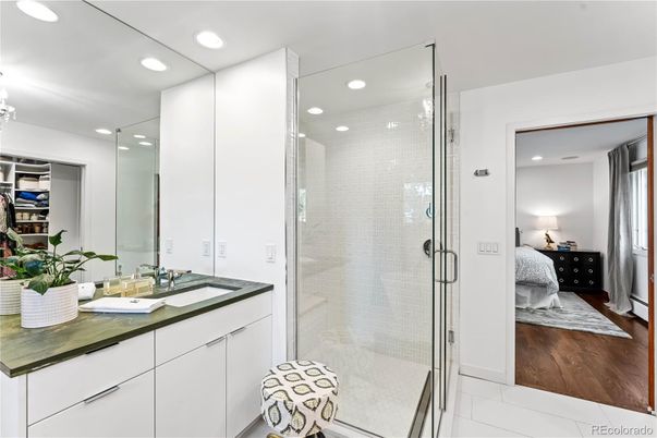 Bathroom, Bedroom, Glass Shower, Interior, Recessed Lighting, Wood Texture Flooring