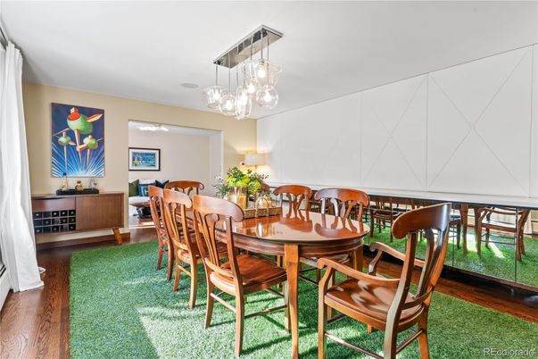 Dining room, Interior, Pendant Lights, Wood Texture Flooring