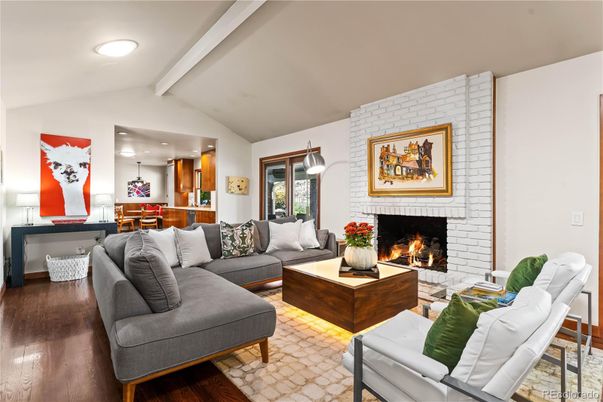 Fireplace, Interior, Kitchen, Living room, Recessed Lighting, Stone Walls, Wood Texture Flooring