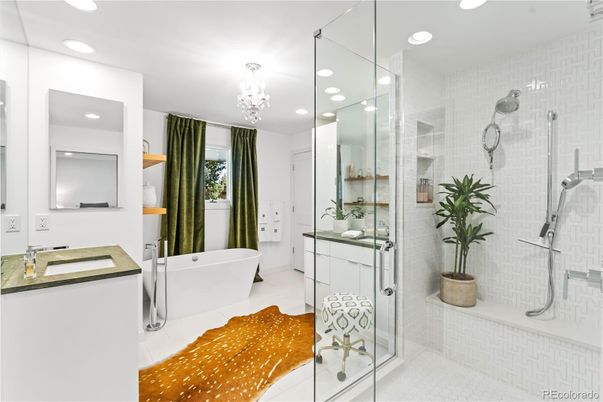 Bathroom, Chandelier, Dual Sink Vanities, Free Standing Baths, Glass Shower, Interior, Recessed Lighting