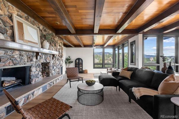 Fireplace, Interior, Living room, Stone Walls, Wooden Beams, Wooden Ceilings, Wood Texture Flooring