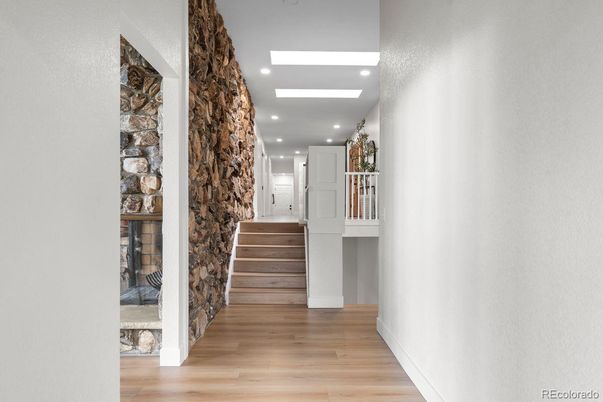 Interior, Recessed Lighting, Stone Walls, Wood Texture Flooring
