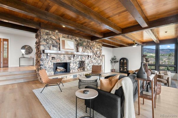 Fireplace, Interior, Living room, Recessed Lighting, Stone Walls, Wooden Beams, Wooden Ceilings, Wood Texture Flooring