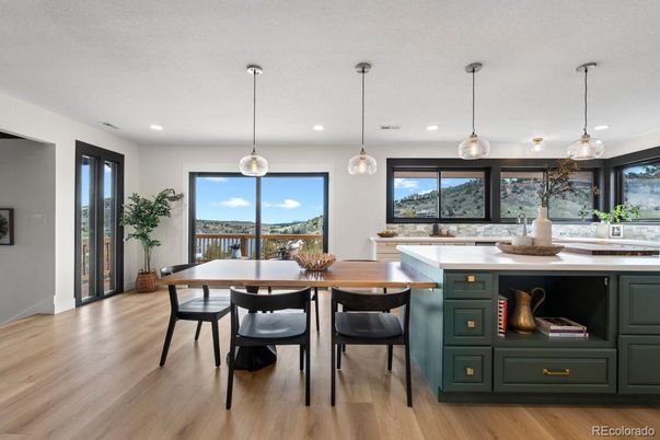 Dining room, Interior, Pendant Lights, Recessed Lighting, Wood Texture Flooring