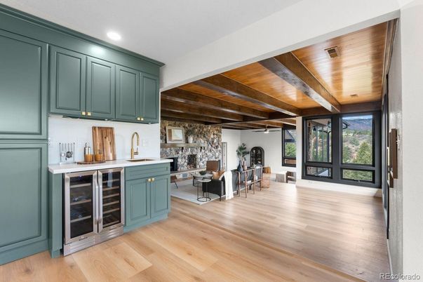 Fireplace, Interior, Recessed Lighting, Stone Walls, Wooden Beams, Wooden Ceilings, Wood Texture Flooring