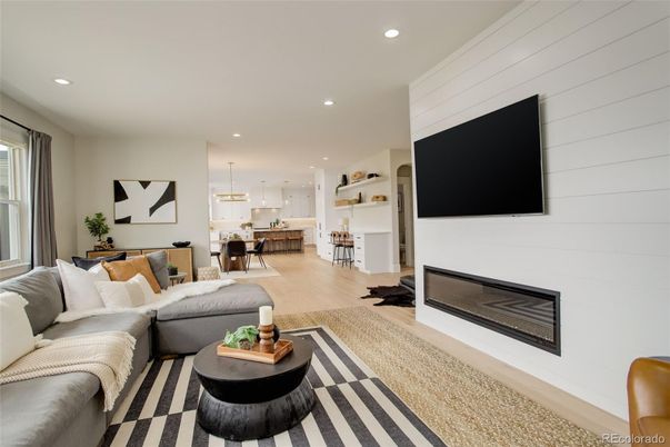 Fireplace, Interior, Living room, Pendant Lights, Recessed Lighting, Wood Texture Flooring
