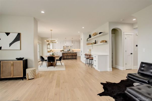 Dining room, Interior, Kitchen, Pendant Lights, Recessed Lighting, Wood Texture Flooring