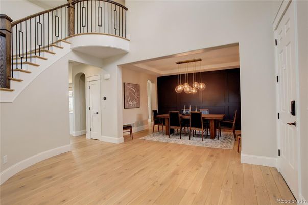 Dining room, Interior, Pendant Lights, Wood Texture Flooring