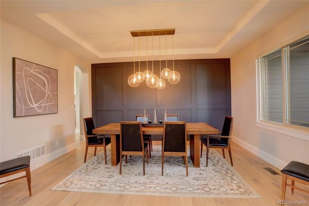 Dining room, Interior, Pendant Lights, Wood Texture Flooring
