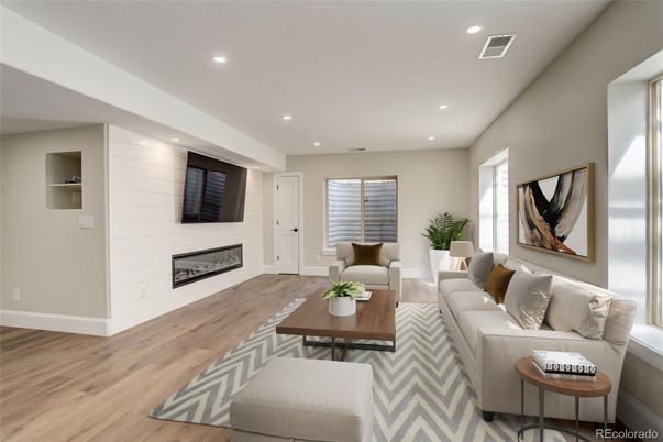 Fireplace, Interior, Living room, Recessed Lighting, Wood Texture Flooring