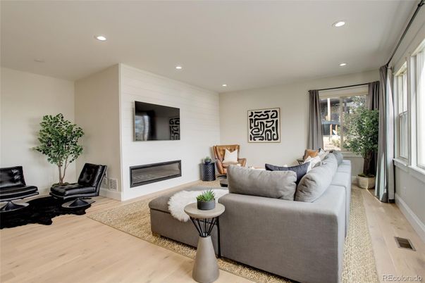 Fireplace, Interior, Living room, Recessed Lighting, Wood Texture Flooring