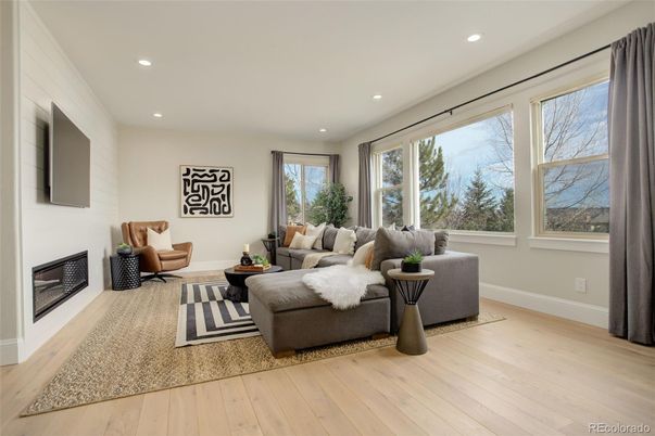 Fireplace, Interior, Living room, Recessed Lighting, Wood Texture Flooring