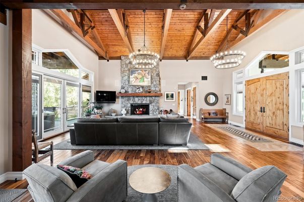 Chandelier, Fireplace, Interior, Living room, Pendant Lights, Wooden Beams, Wooden Ceilings, Wood Texture Flooring