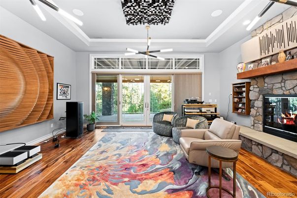 Fireplace, Interior, Living room, Recessed Lighting, Wood Texture Flooring