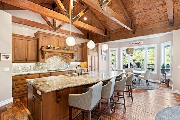 Dining room, Interior, Kitchen, Pendant Lights, Wooden Beams, Wooden Ceilings, Wood Texture Flooring