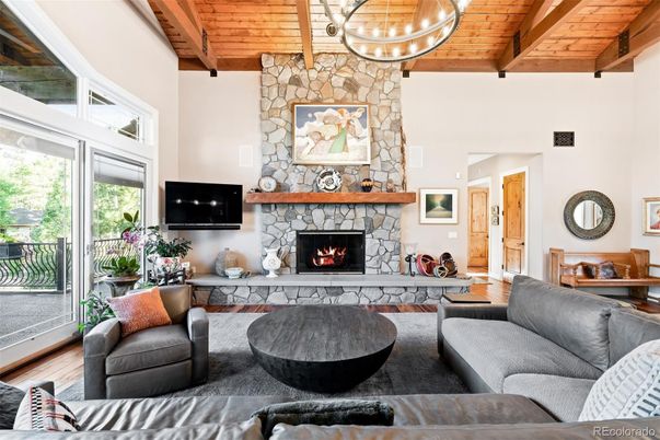Fireplace, Interior, Living room, Stone Walls, Wooden Beams, Wooden Ceilings, Wood Texture Flooring