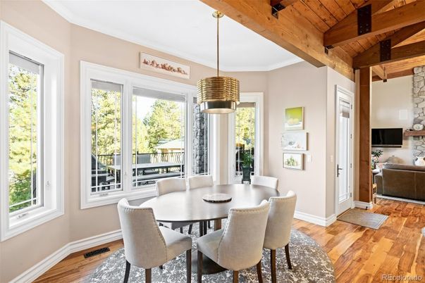 Dining room, Interior, Pendant Lights, Wooden Beams, Wooden Ceilings, Wood Texture Flooring