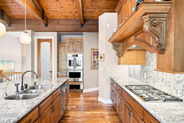Interior, Kitchen, Pendant Lights, Stainless Steel Appliances, Wooden Beams, Wooden Ceilings, Wood Texture Flooring