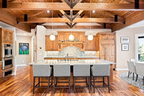 Interior, Kitchen, Pendant Lights, Recessed Lighting, Stainless Steel Appliances, Wooden Beams, Wooden Ceilings, Wood Texture Flooring
