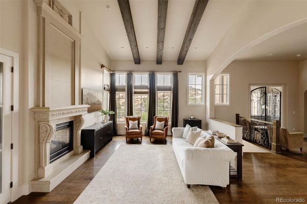 Fireplace, Interior, Living room, Recessed Lighting, Wooden Beams, Wood Texture Flooring