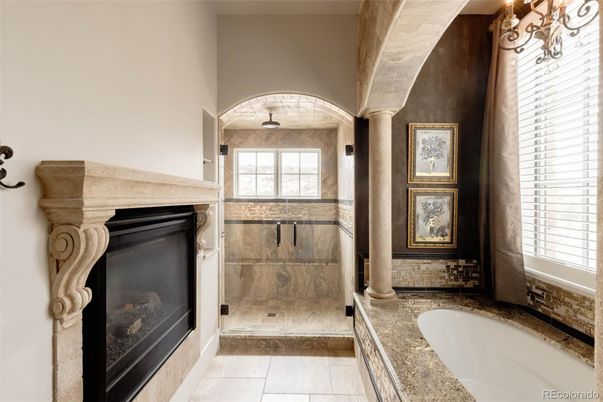 Bathroom, Fireplace, Glass Shower, Interior
