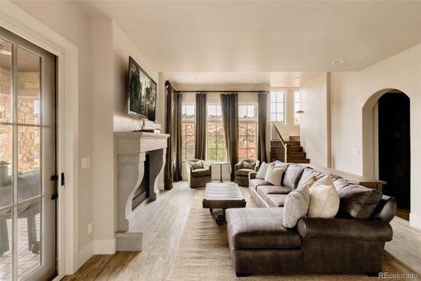 Fireplace, Interior, Living room, Recessed Lighting, Wood Texture Flooring