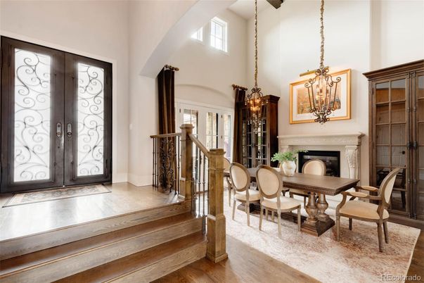 Chandelier, Dining room, Fireplace, Interior, Pendant Lights, Wood Texture Flooring