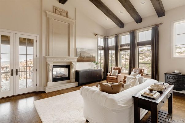 Fireplace, Interior, Living room, Recessed Lighting, Wooden Beams, Wood Texture Flooring