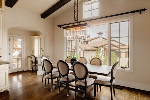 Chandelier, Dining room, Interior, Wooden Beams, Wood Texture Flooring