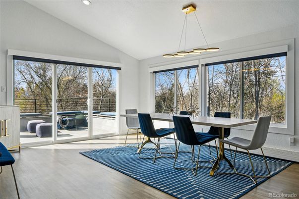 Dining room, Interior, Pendant Lights, Recessed Lighting, Wood Texture Flooring